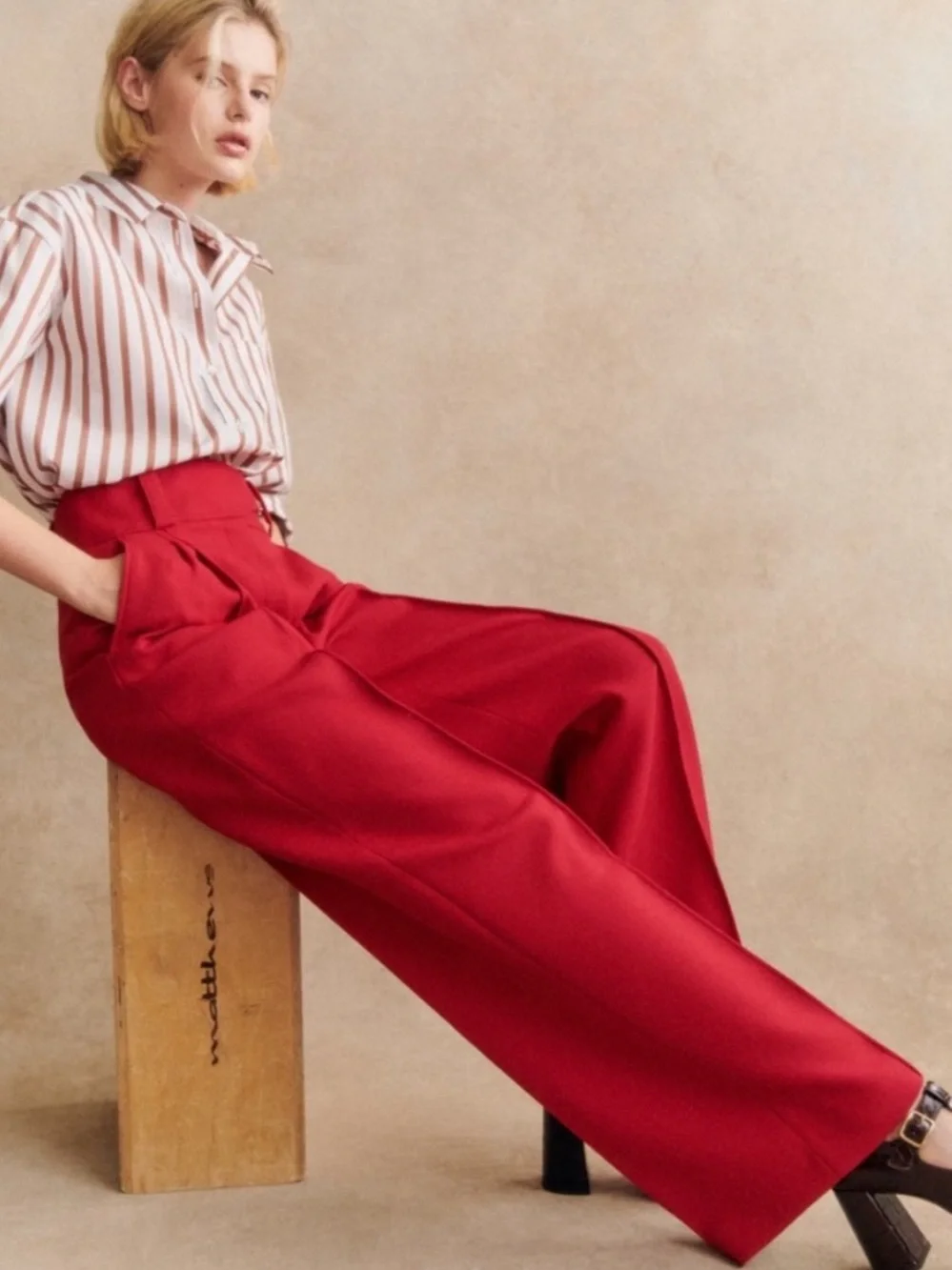 Sezane Coral Red Aldo Trouser Cotton Blend High Waist Dress Pants Size 38 or 6 - Picture 2 of 16